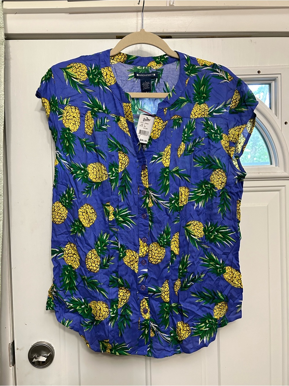 Architect Purple Button-Front Top with Yellow Pineapple Print